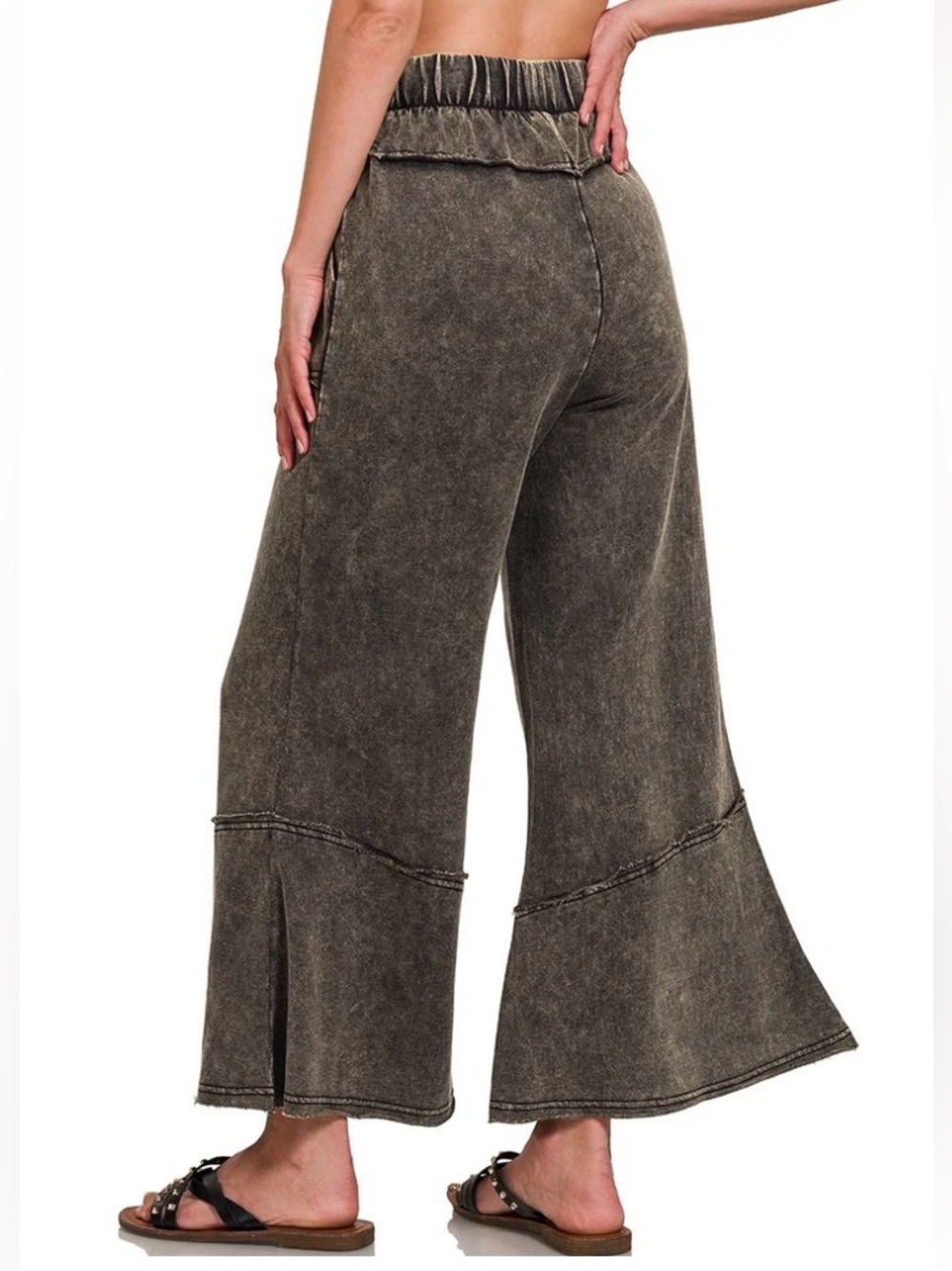 New Zenana Outfitters Kick Flare Wide Leg Pants ~ Washed Charcoal Black - Picture 3 of 10